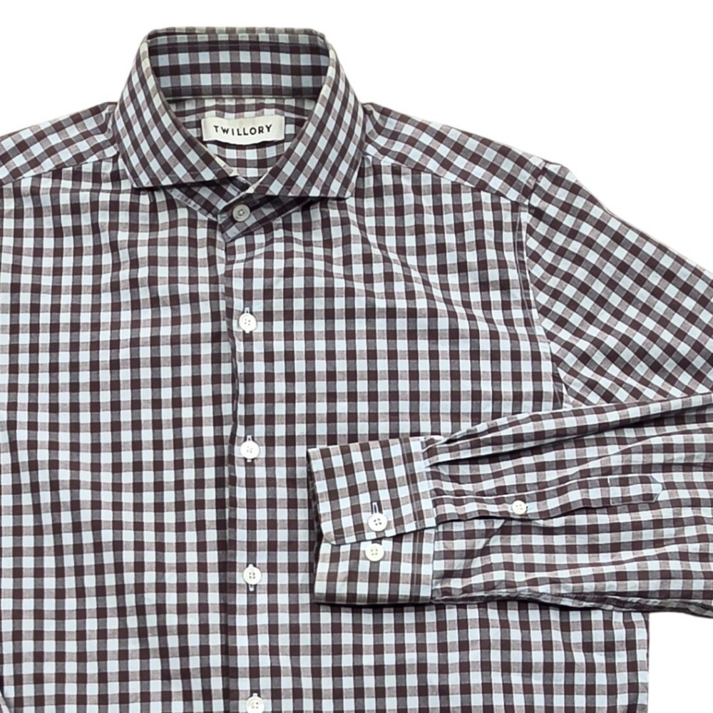 Twillory Tailored Fit Button Down Shirt‎ Brown Gingham Check Mens 15.5 32-33